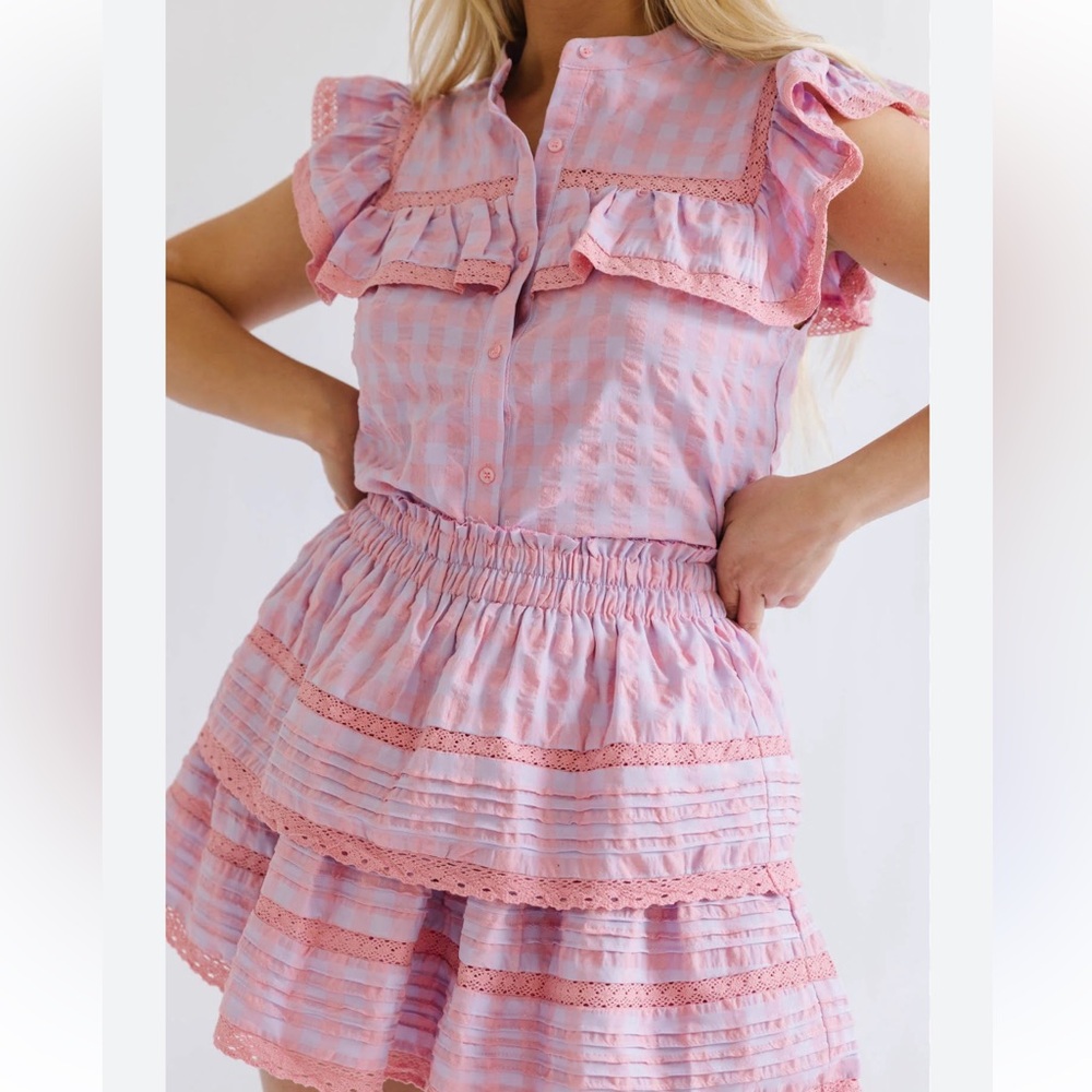 NWT Day + Moon pink & purple gingham ruffled lace tiered mini skirt Size M